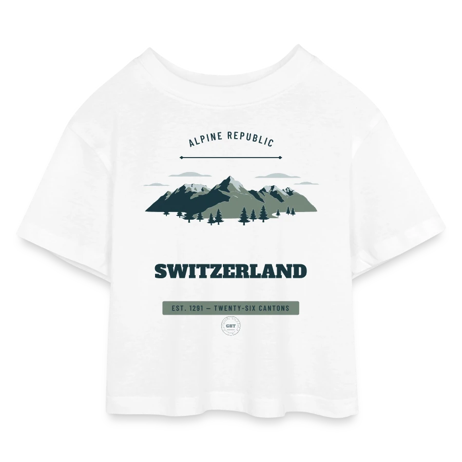 Switzerland badge on a kids’ cropped jersey t-shirt, white