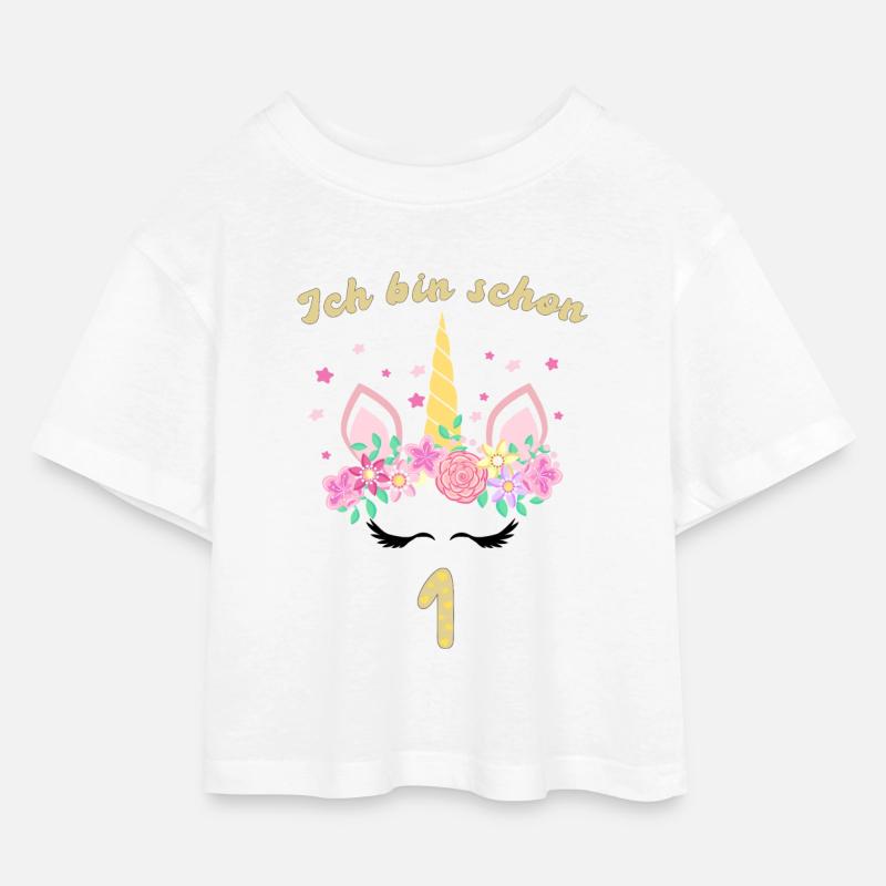 Ich bin schon 1- Einhorn - Kinder Cropped Jersey T-Shirt - Weiß
