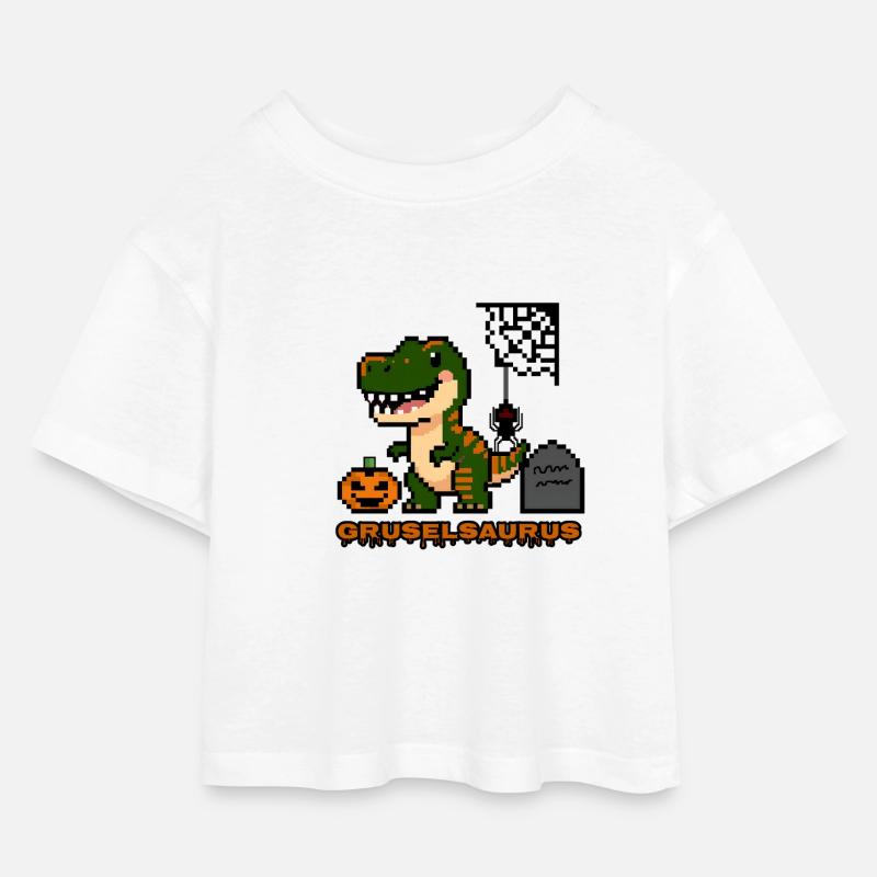 "Gruselsaurus" - Pixel Art Dinosaurier 🎃🦖 - Kinder Cropped Jersey T-Shirt - Weiß