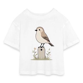 Vogelgarten Illustration mit Blüten - Kinder Cropped Jersey T-Shirt - Weiß - Vorne