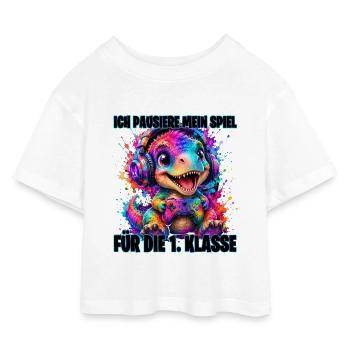 Ich pausiere mein Spiel für die 1. Klasse T-Rex - Kinder Cropped Jersey T-Shirt - Weiß - Vorne
