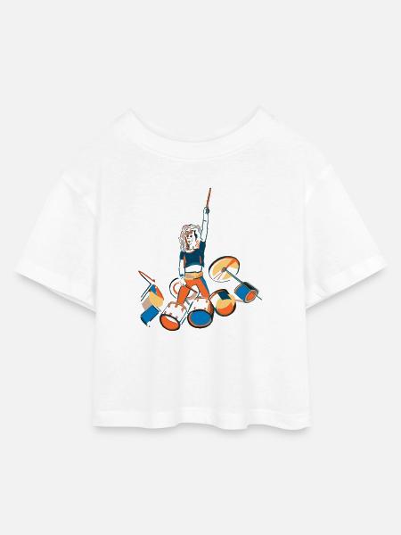 Drummer Kraftpose mit Trommeln - Kinder Cropped Jersey T-Shirt - Weiß