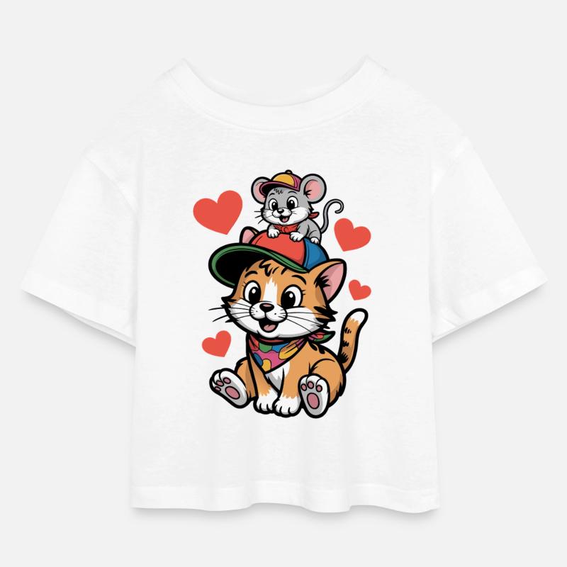 Katzenfreundschaft mit Maus - Kinder Cropped Jersey T-Shirt - Weiß