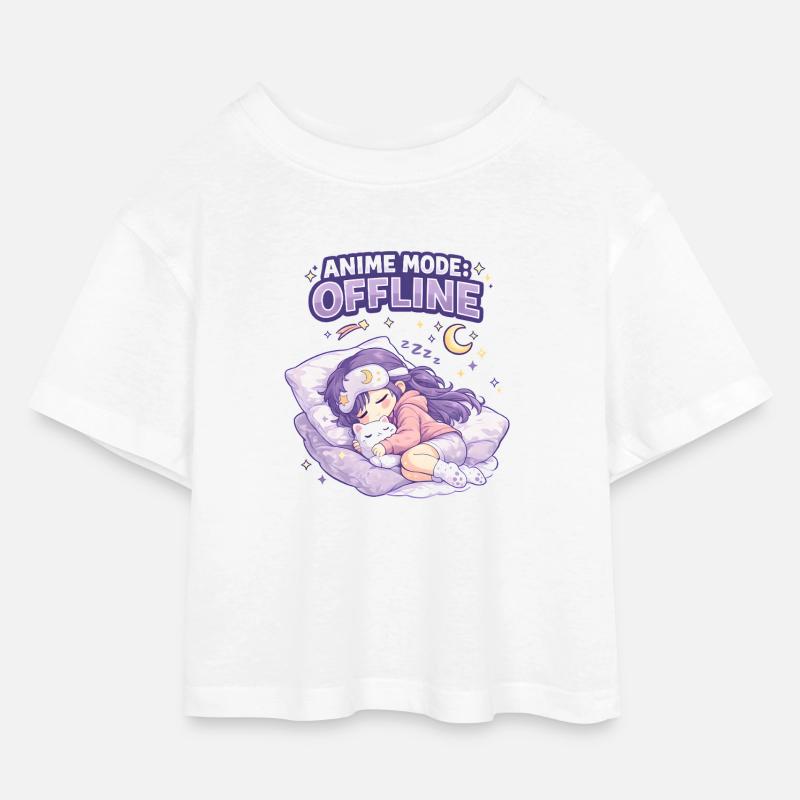 Anime Mode Offline: Schlafendes Mädchen & Katze - Kinder Cropped Jersey T-Shirt - Weiß
