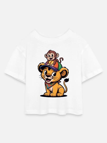 Kleiner Löwe mit Affenbegleiter - Kinder Cropped Jersey T-Shirt - Weiß
