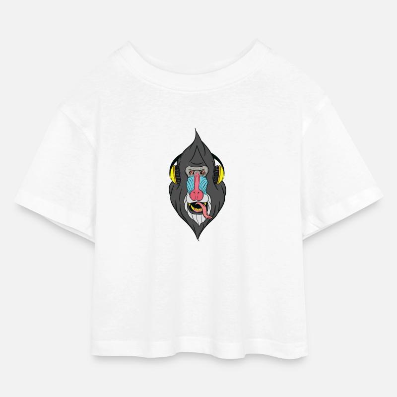Affe mit Kopfhörer - Techno Affe - Kinder Cropped Jersey T-Shirt - Weiß