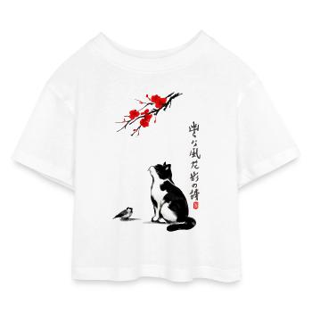 Cat Japan Sakura et Calligraphy Zen - T-shirt Crop Top en jersey Enfant - blanc - Devant