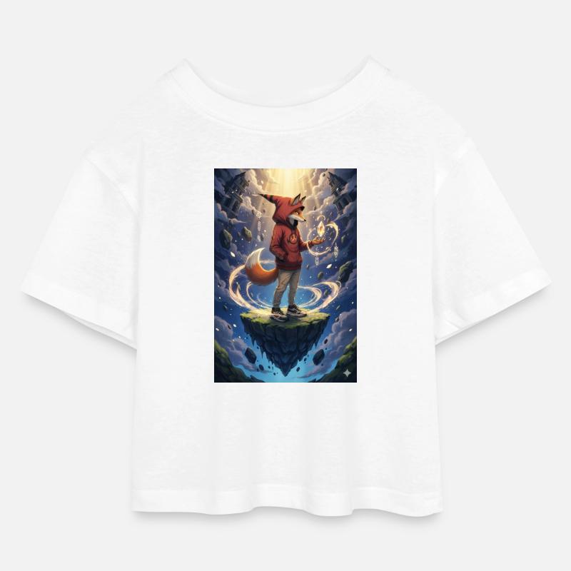 Fuchs im schwebenden Inselkristall - Kinder Cropped Jersey T-Shirt - Weiß
