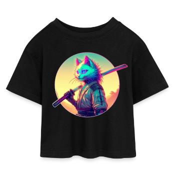 Cyberpunk Katze Samurai Anime - Kinder Cropped Jersey T-Shirt - Schwarz - Vorne