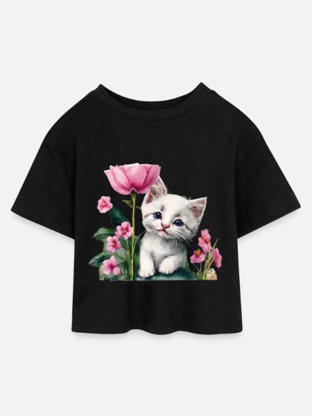 Chaton blanc - T-shirt Crop Top en jersey Enfant - noir
