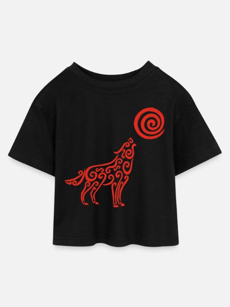 Der Wolf und der rote Mond - Kinder Cropped Jersey T-Shirt - Schwarz