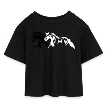Horses stallion - mare - foal - Kids’ Cropped Jersey T-Shirt - black - Front