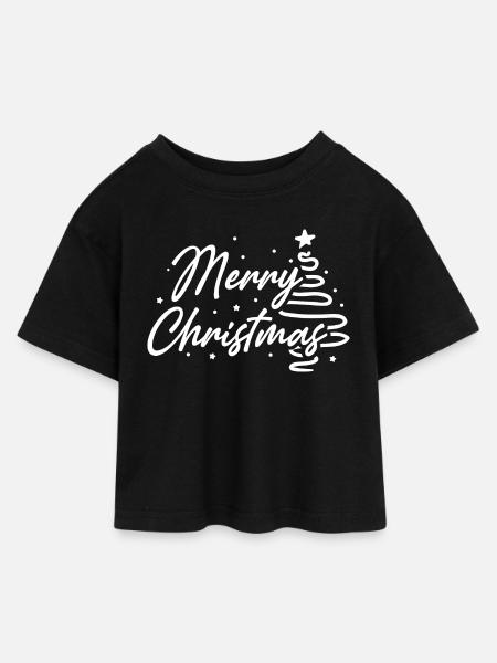 Joyeux Noël script arbre - T-shirt Crop Top en jersey Enfant - noir