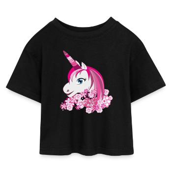 Pink unicorn with flower crown - Kids’ Cropped Jersey T-Shirt - black - Front