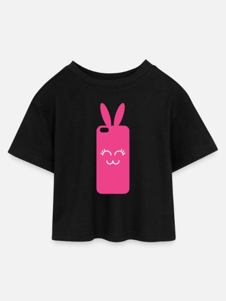 Pink Rabbit Phone Graphic - Kids’ Cropped Jersey T-Shirt - black