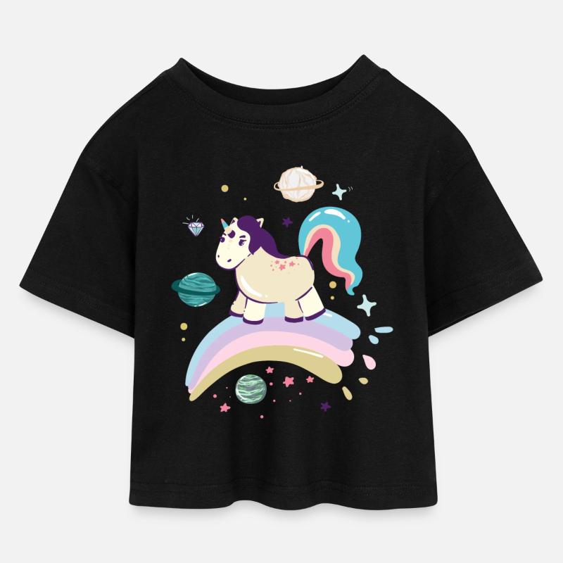 Himmlisches Einhorn auf Regenbogen - Kinder Cropped Jersey T-Shirt - Schwarz