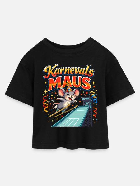 Karnevalsmaus Skispringen lustig - Kinder Cropped Jersey T-Shirt - Schwarz