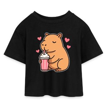 Capybara mit Milkshake – Süßes Tierdesign - Kinder Cropped Jersey T-Shirt - Schwarz - Vorne