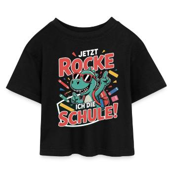 Dino T-Shirt Einschulung – Jetzt rocke ich Schule - Kinder Cropped Jersey T-Shirt - Schwarz - Vorne