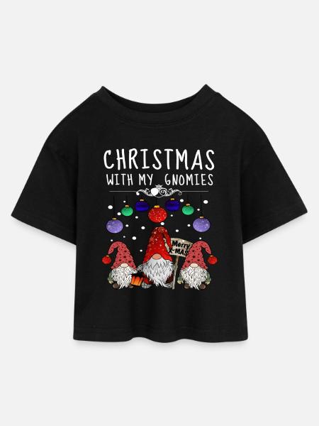 Merry Christmas Gnome Family - Kids’ Cropped Jersey T-Shirt - black