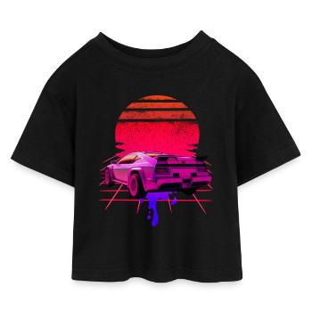 Retro Wave Supercar Sunset - Kids’ Cropped Jersey T-Shirt - black - Front