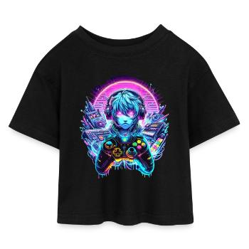 Gamer Headset Anime Synthwave Art - Kinder Cropped Jersey T-Shirt - Schwarz - Vorne