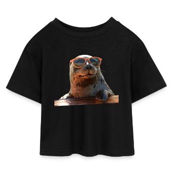 Robbe mit Sonnenbrille Seehund Walross Süße Robben - Kinder Cropped Jersey T-Shirt - Schwarz - Vorne
