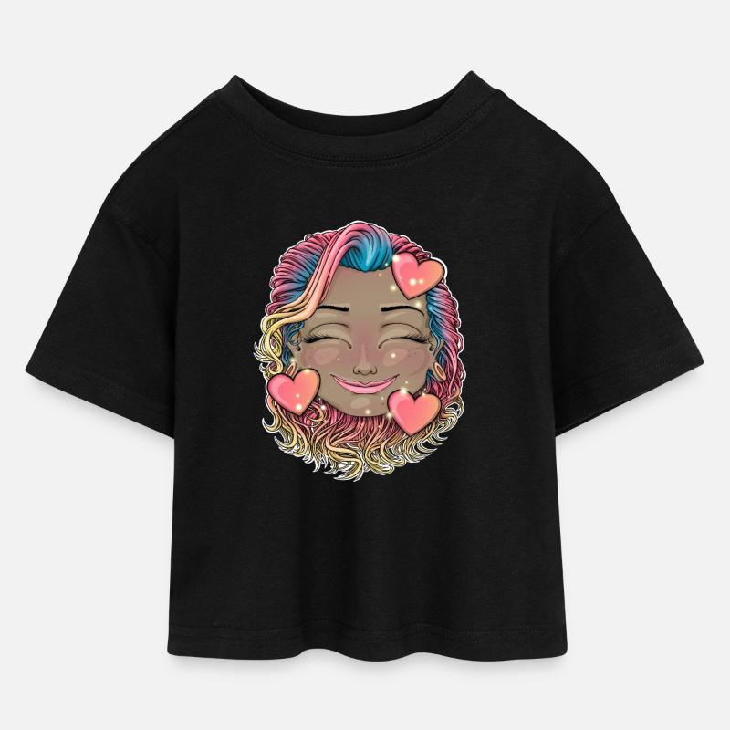 Buntes Regenbogenhaar Smiley - Kinder Cropped Jersey T-Shirt - Schwarz