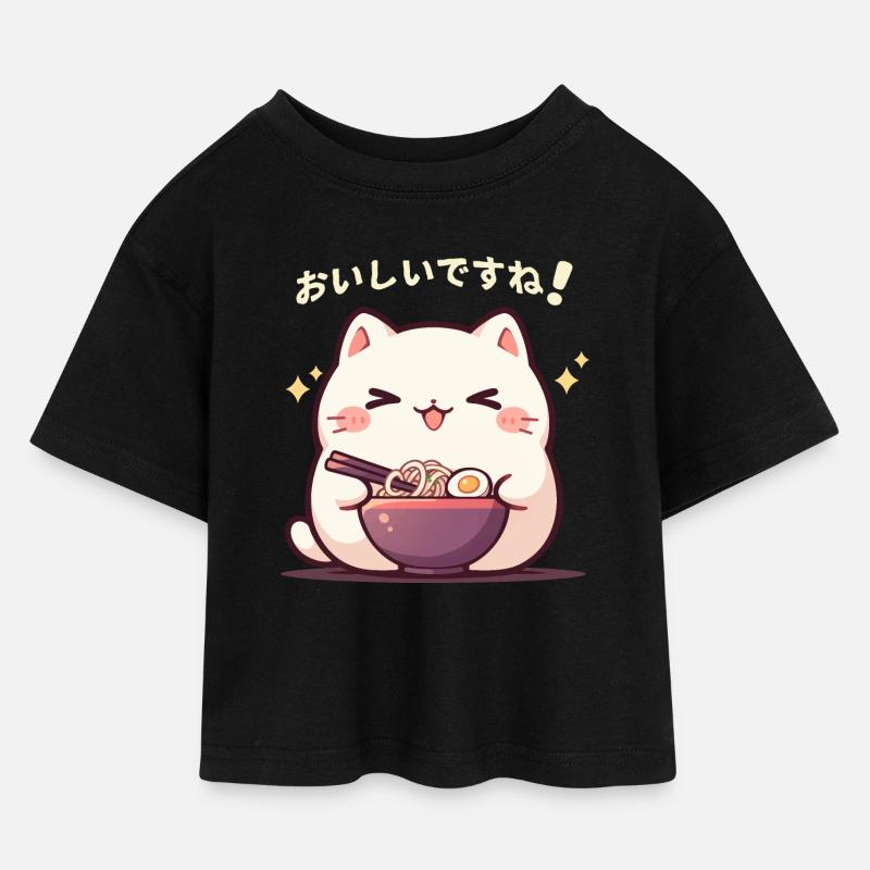 Katze isst Ramen - Kinder Cropped Jersey T-Shirt - Schwarz