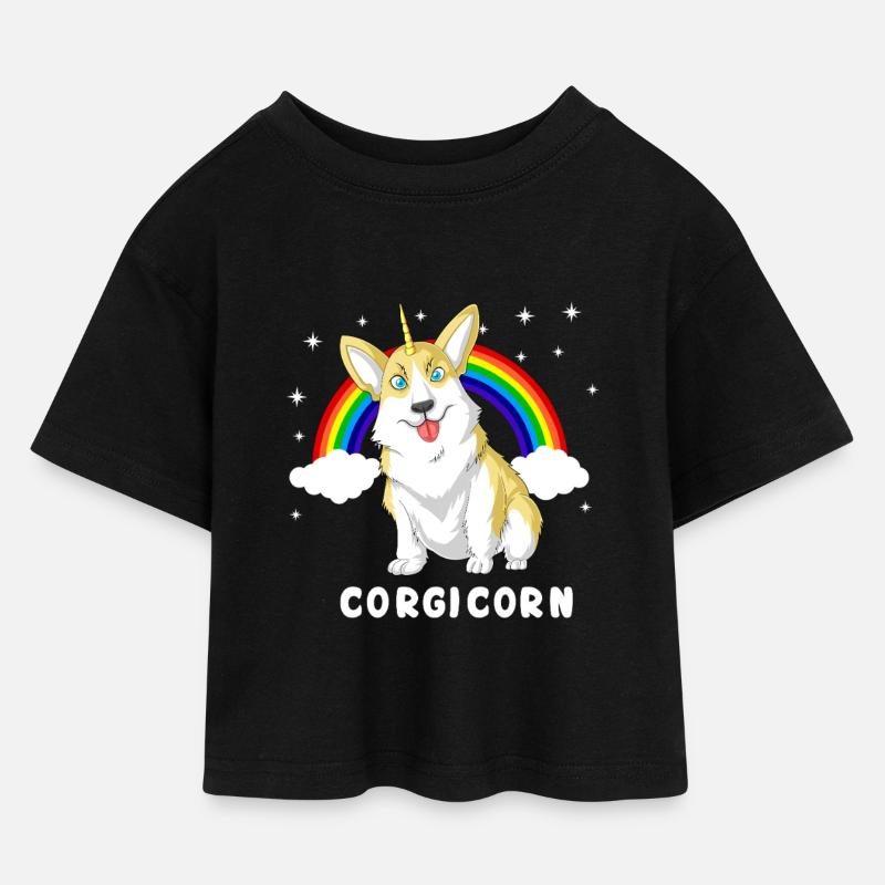 Corgi Einhorn Corgicorn - Kinder Cropped Jersey T-Shirt - Schwarz