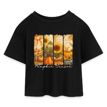 Kürbis-Saison Sonnenblumenfeld - Kinder Cropped Jersey T-Shirt - Schwarz - Vorne