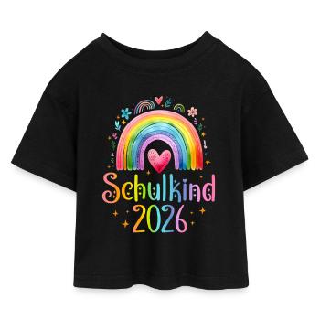 Schulkind 2026 Regenbogen Herz - Kinder Cropped Jersey T-Shirt - Schwarz - Vorne