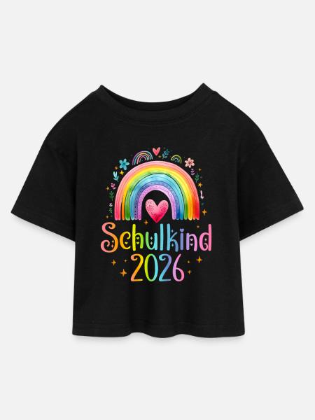 Schulkind 2026 Regenbogen Herz - Kinder Cropped Jersey T-Shirt - Schwarz