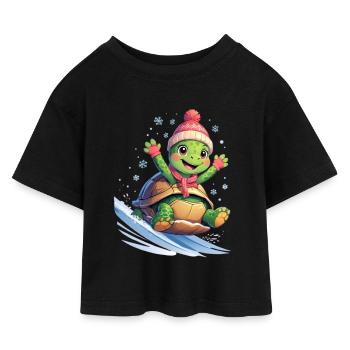Tortue surf des vagues d’hiver - T-shirt Crop Top en jersey Enfant - noir - Devant