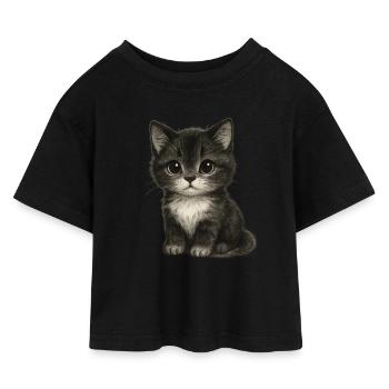 Süßes Kätzchen in niedlicher Zeichnung - Kinder Cropped Jersey T-Shirt - Schwarz - Vorne