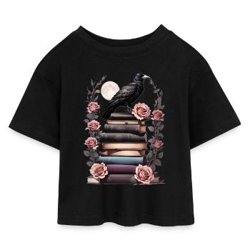 Stack of books with raven - Kids’ Cropped Jersey T-Shirt - black - Front