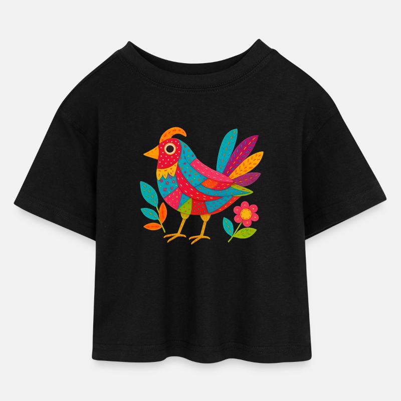 Patchwing – Der Stofffeder-Vogel - Kinder Cropped Jersey T-Shirt - Schwarz