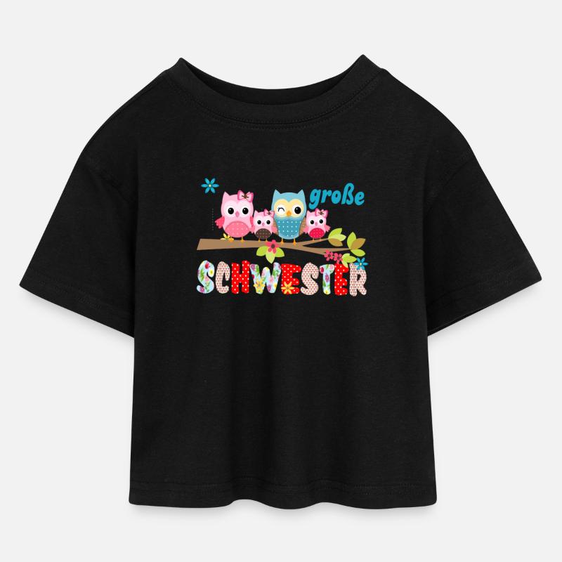 große Schwester Vogelfamilie - Kinder Cropped Jersey T-Shirt - Schwarz