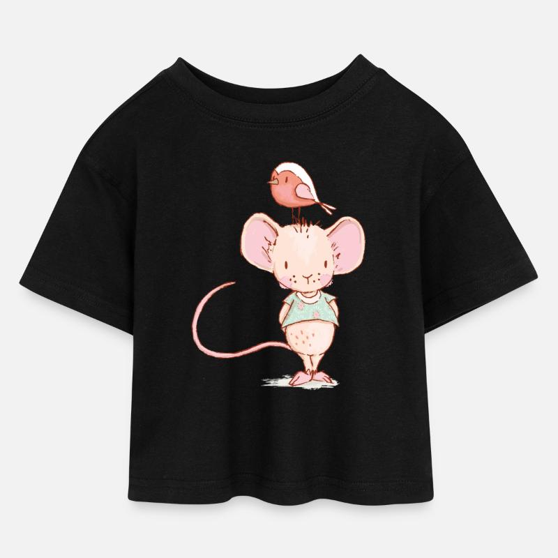 Maus mit Vogel - Kinder Cropped Jersey T-Shirt - Schwarz
