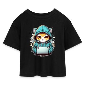 Coding cat - Kids’ Cropped Jersey T-Shirt - black - Front