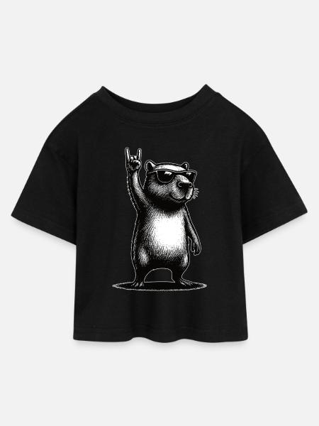 Rock Capybara - Kinder Cropped Jersey T-Shirt - Schwarz