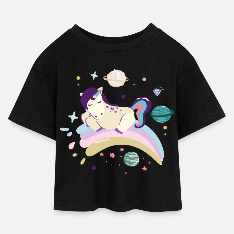 Cosmic Dream Einhorn auf Regenbogen - Kinder Cropped Jersey T-Shirt - Schwarz