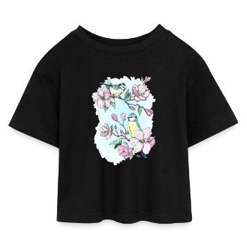 Blaumeisen und Magnolien - Kinder Cropped Jersey T-Shirt - Schwarz - Vorne