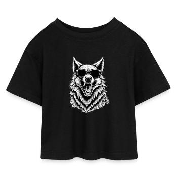 lachender Wolf mit Sonnenbrille - Kinder Cropped Jersey T-Shirt - Schwarz - Vorne