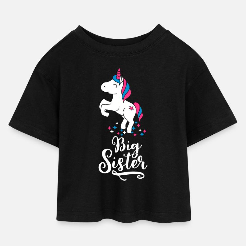 Big Unicorn Sister -Große Einhorn Schwester-Sterne - Kinder Cropped Jersey T-Shirt - Schwarz