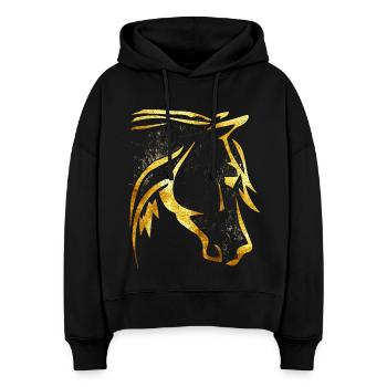 Équitation - Cavalier - Tête de cheval - Cheval d’or - Sweat à capuche bio Nora coupe boxy Stanley/Stella Femme - noir - Devant