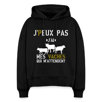 J Peux Pas J ai mes vaches qui m attendent - Sweat à capuche bio Nora coupe boxy Stanley/Stella Femme - noir - Devant
