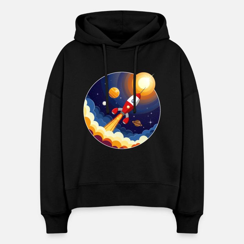 Image colorée d’une fusée dans l’espace - Sweat à capuche bio Nora coupe boxy Stanley/Stella Femme - noir
