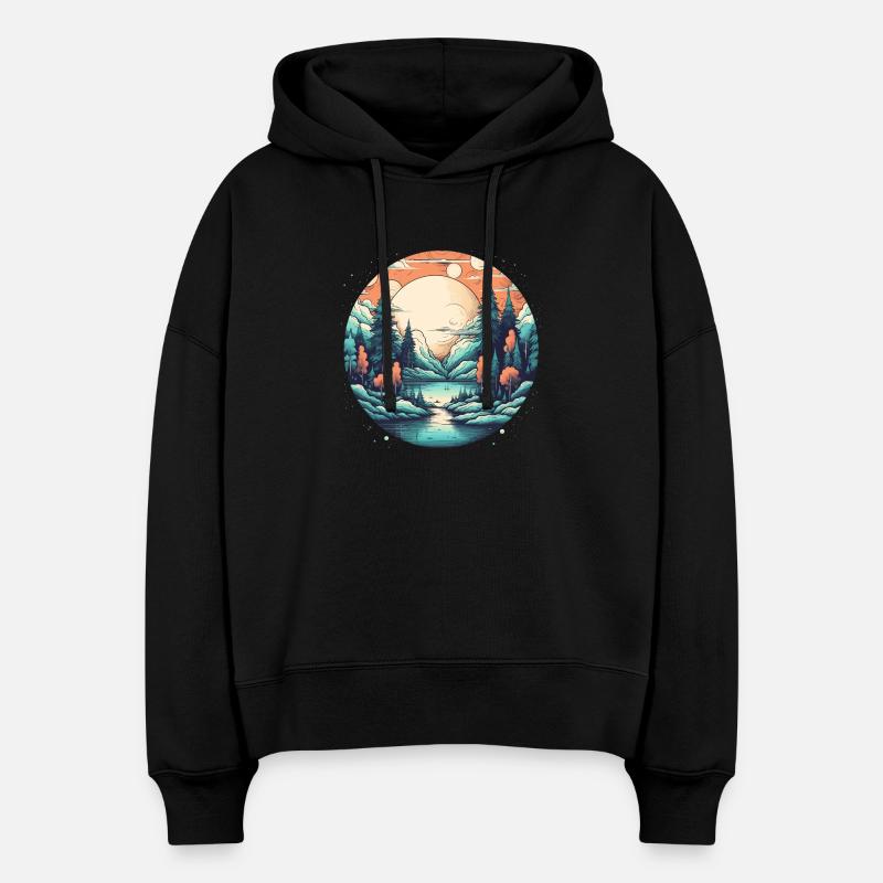 Forêt de clair de lune au bord du lac - Sweat à capuche bio Nora coupe boxy Stanley/Stella Femme - noir
