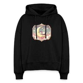souris endormie paisiblement, sur un croissant de lune - Sweat à capuche bio Nora coupe boxy Stanley/Stella Femme - noir - Devant